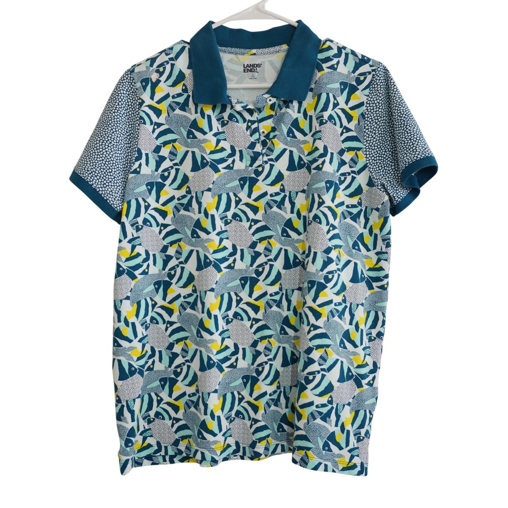 Lands End Women's Large Teal Yellow Tropical Fish Print Polo Shirt Short Sleeve
